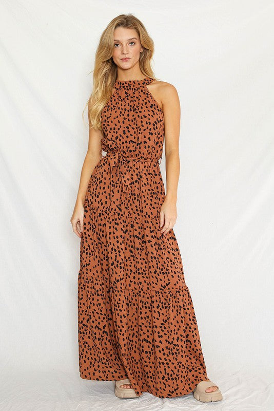 Elegant Halter Maxi Dress – Buttoned Sophistication with Waist Tie