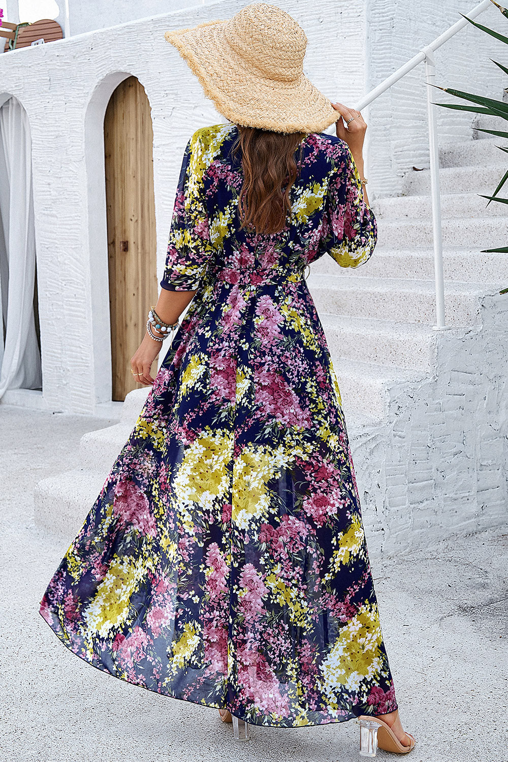 Elegant Printed Tied Half Sleeve Slit Dress