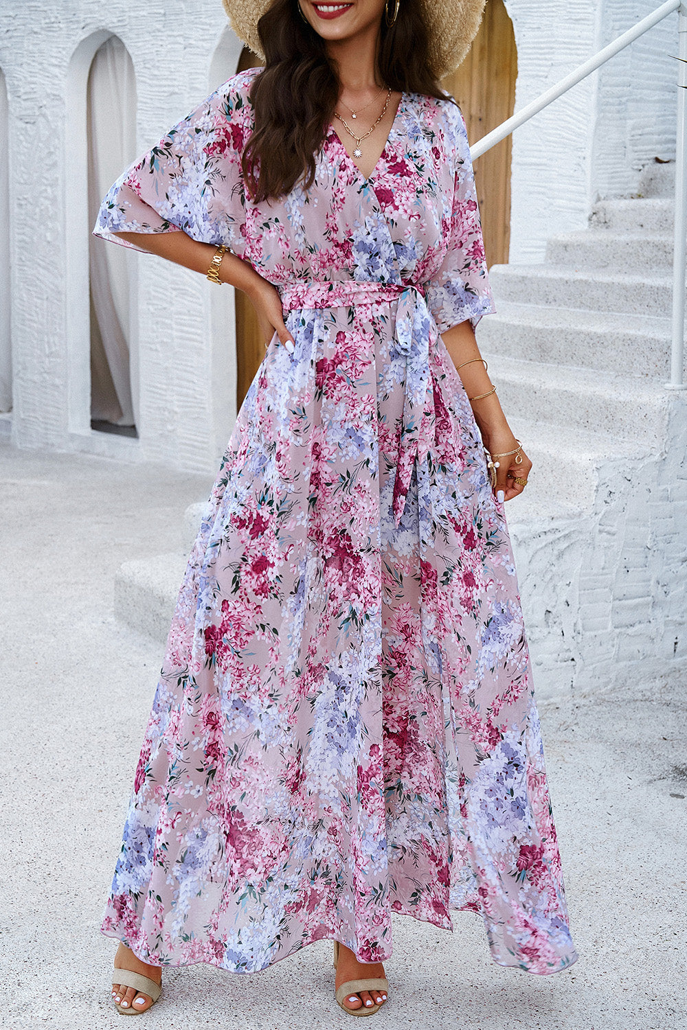 Elegant Printed Tied Half Sleeve Slit Dress