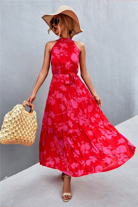 Elegant Halter Maxi Dress – Buttoned Sophistication with Waist Tie