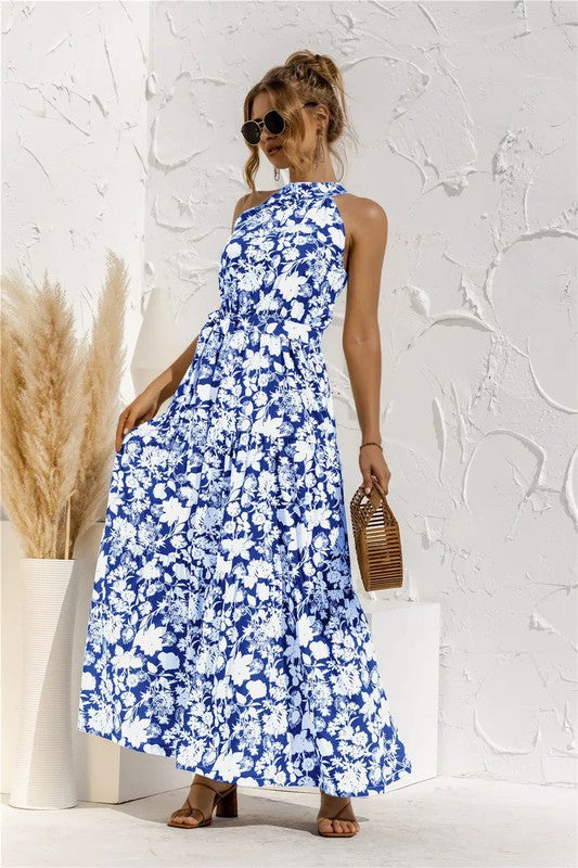 Elegant Halter Maxi Dress – Buttoned Sophistication with Waist Tie