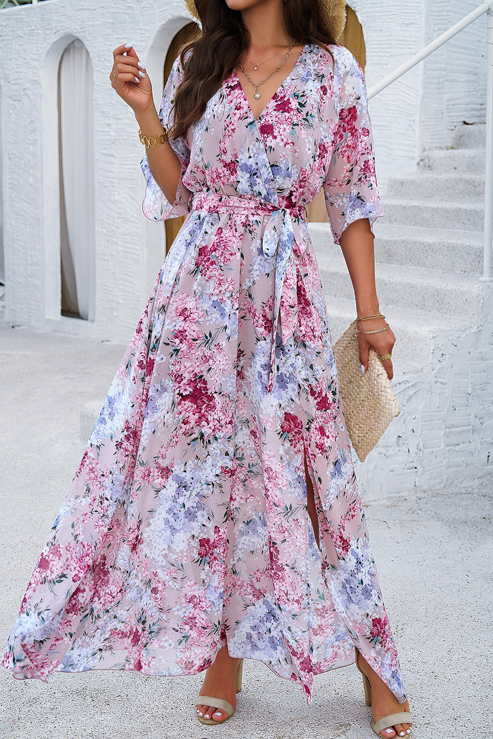 Elegant Printed Tied Half Sleeve Slit Dress