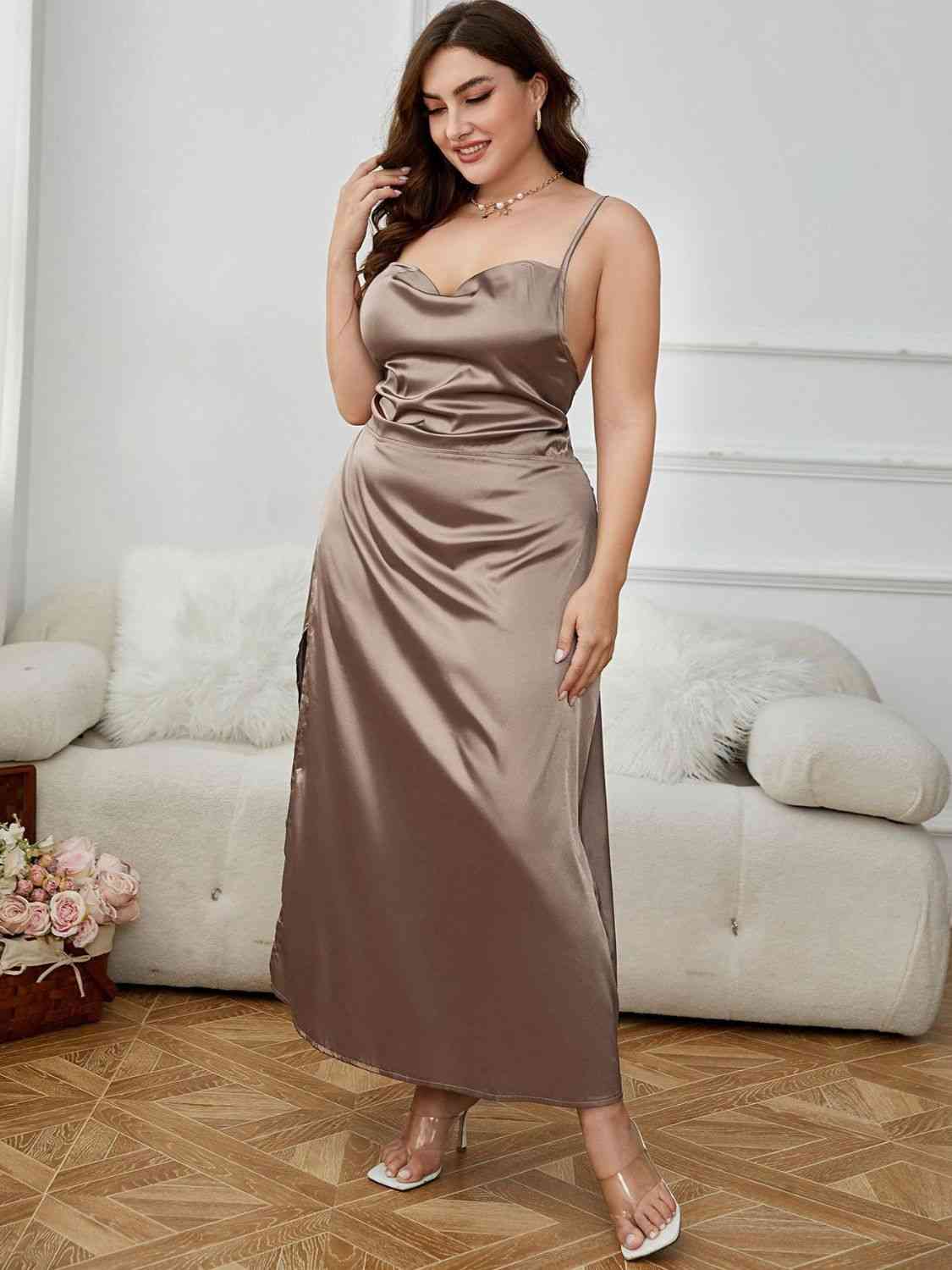 Plus Size Lace-Up Spaghetti Strap Split Night Dress – Embrace Evening