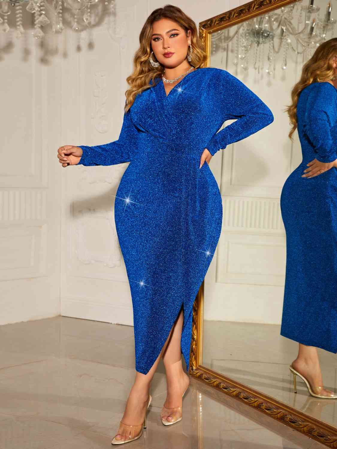 Plus Size Surplice Neck Slit Dress | Metallic Finish