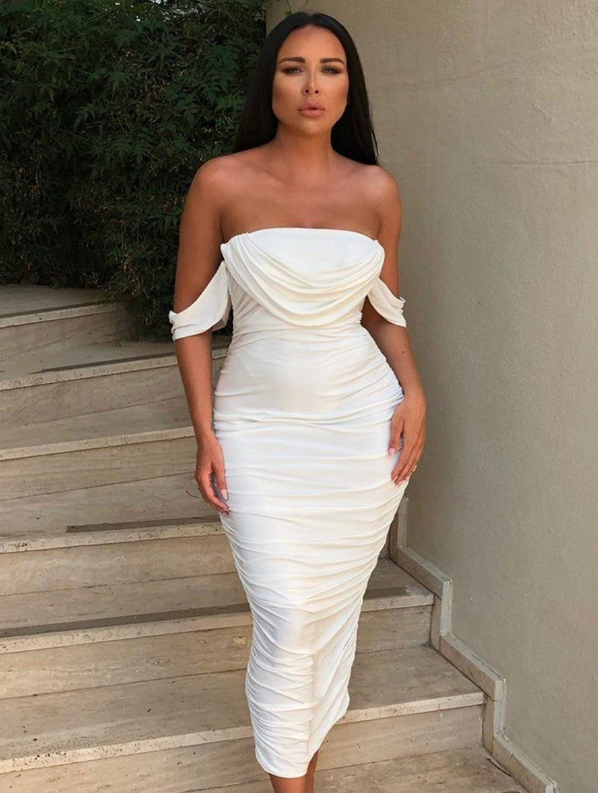 White Bardot Cowl Neck Ruched Midi Dress | Classy and Elegant for Your White Bardot Cowl Neck Ruched Midi Dress | Classy and Elegant for Your