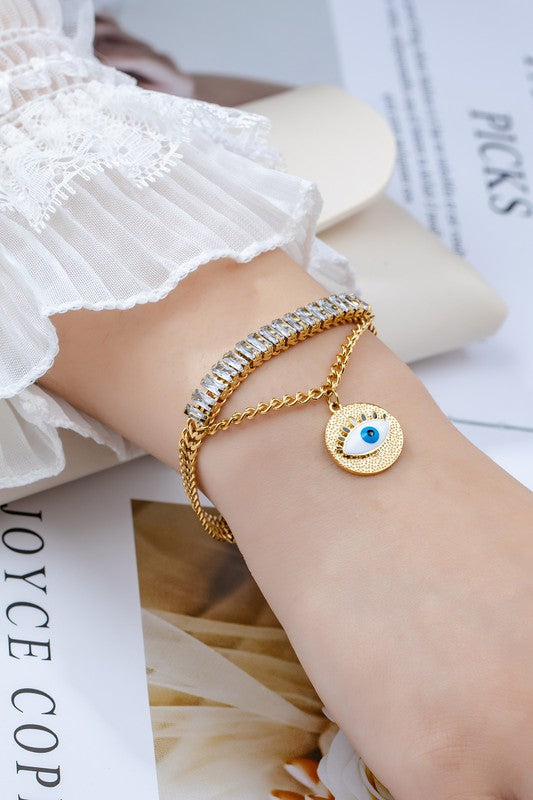 Waterproof CZ Stainless Steel Evil Eye Bracelet – Elegant and Protective