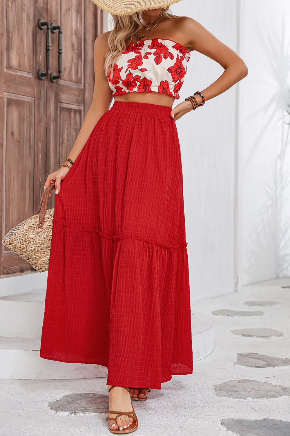 Deep Red Honey Floral Two-Piece Set – Tube Top & Maxi Skirt