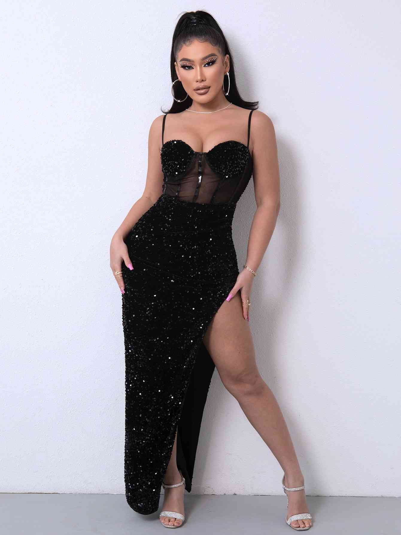 Sequin Spliced Mesh Maxi Dress – Elegance Meets Glamour