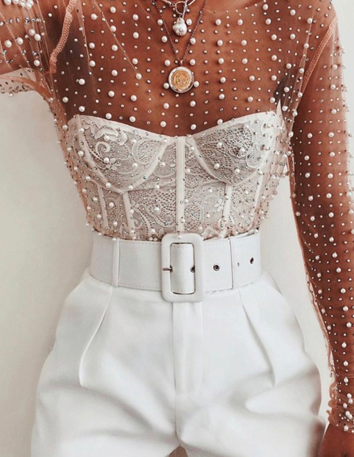 Women's Mesh Top with Rhinestones and Pearls: Embrace the Chic Design for Every Occasion